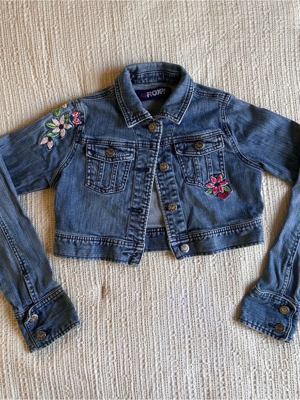 Y2K Roxy Girls' Medium Blue Denim Jacket with Embroidery